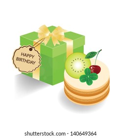 Anniversary. Kiwi cake and gift box on white background.