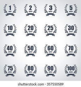 Anniversary label collection. Laurel wreath design. Anniversary icon