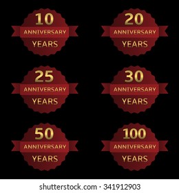 Anniversary label set with red ribbons. Vector illustration