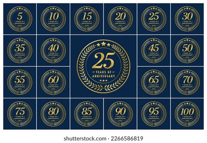 Anniversary labels all numbers in gold color from 5, 10, 15, 20, 25, 30, 35, 40, 445, 50, 55, 60, 65, 70, 75, 80, 85, 90, 95,100 