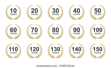 Anniversary laurel wreath. 10 to 150 years anniversary floral laurel wreath. Anniversary icon or logo with laurel wreath. 10-150 years celebration label