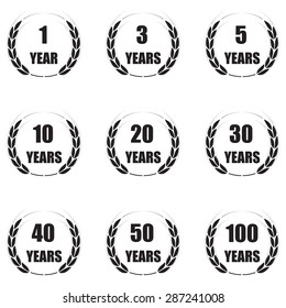 Anniversary laurel wreath icon set isolated on white background. 1,3,5,10,20,30,40,50,100 years. Template for congratulation design. Vector illustration. 