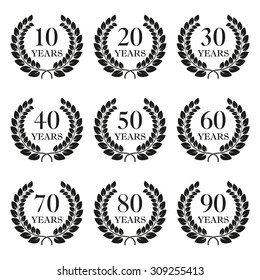 Anniversary laurel wreath icon set isolated on white background. 10, 20, 30, 40, 50, 60, 70, 80, 90 years. Template for award and congratulation design. Vector illustration.