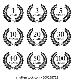 Anniversary laurel wreath icon set isolated on white background. 1, 3, 5, 10, 20, 30, 40, 50, 100 years. Template for award and congratulation design. Vector illustration.