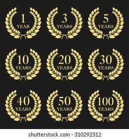 Anniversary laurel wreath icon set isolated on dark background. 1, 3, 5, 10, 20, 30, 40, 50, 100 years. Template for award and congratulation design. Vector illustration.