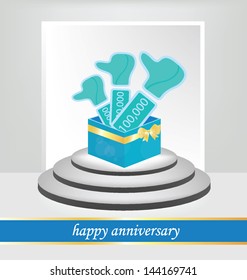 Anniversary. Like button. Blue gift box. White backdrop in room. vector illustration.