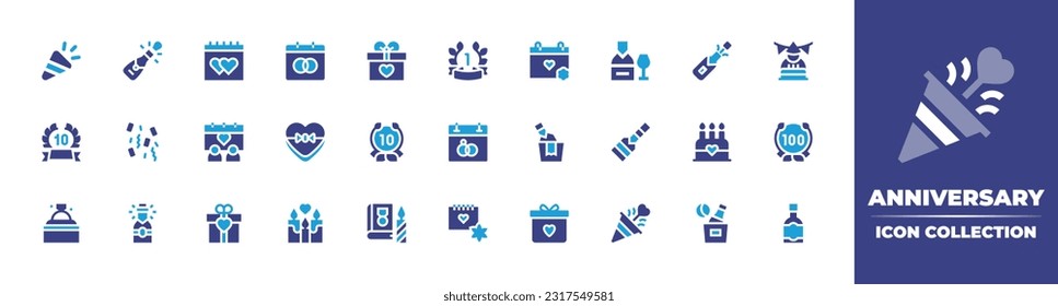 Anniversary line icon collection. Editable stroke. Vector illustration. Containing confetti, champagne, wedding, calendar, anniversary, birthday boy, gift, cake, ring, candles, history book.