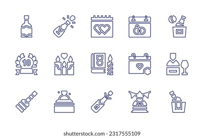 Juego de iconos de línea de aniversario. Trazo editable. Ilustración vectorial. Con champán, boda, calendario, aniversario, velas, libro de historia, anillo, novio de cumpleaños.