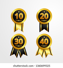 Anniversary logo badge with ribbon vector design. Set of shiny gold black medal button with numbers for birthday celebration