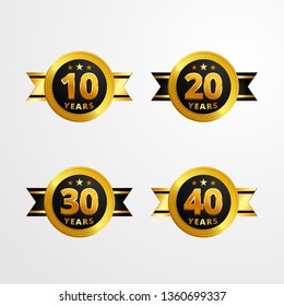 Anniversary logo badge with ribbon vector design. Set of shiny gold black medal button with numbers for birthday celebration