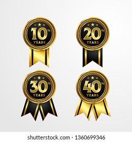 Anniversary logo badge with ribbon vector design. Set of shiny gold black medal button with numbers for birthday celebration