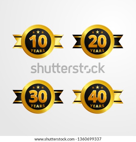Anniversary logo badge with ribbon vector design. Set of shiny gold black medal button with numbers for birthday celebration