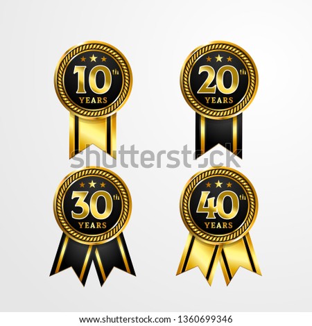 Anniversary logo badge with ribbon vector design. Set of shiny gold black medal button with numbers for birthday celebration