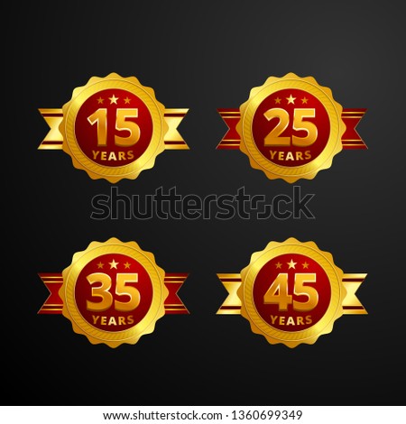 Anniversary logo badge with ribbon vector design. Set of shiny gold red medal button with numbers for birthday celebration