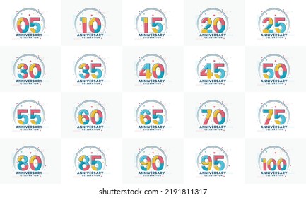 Paquete de logotipos para el aniversario. Conjunto de logos modernos de la celebración del Aniversario. 5.º, 10, 15, 20, 25, 30, 35, 40, 45, 50, 55, 60, 65, 65, 70 años de celebración.