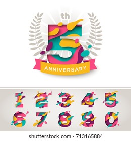 Anniversary logo celebration signs with abstract papercut shapes, laurel wreath and ribbon, set of numbers in trendy paper cut style. Vector illustration. Design for poster, greeting card or brochure