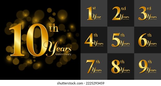 Anniversary logo collection, Set of golden numbers isolated on black background for celebration event, wedding, invitation card, greeting card, Vector Illustration EPS10