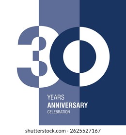 Anniversary logo design. Modern negative space set of numbers. 30 years blue combination colors and white vector illustration