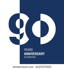 Anniversary logo design. Modern negative space set of numbers. 90 years blue white vector illustration