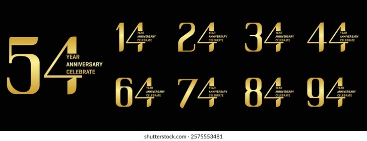 Anniversary logo design set, Classic Elegant Logo, with modern gold color numbers on black background for celebration event Congratulations, invitation, greetings