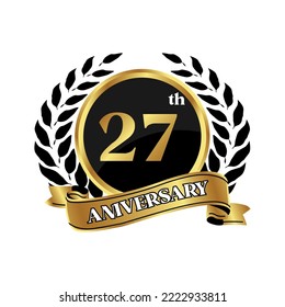 anniversary logo, gold shape logo with rice icon display on black background. numbered gold birthday celebration logo