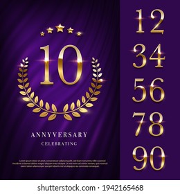 Anniversary logo with golden numbers template. 20th birthday, jubilee or wedding with laurel sign vector illustration. Invitation to celebrate. Shiny numbers on purple background.