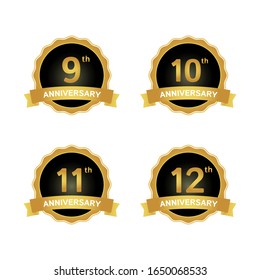 Anniversary logo with golden ring and golden ribbon isolated on white background.