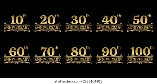 Anniversary logo, icon or badge set. 10, 20, 30, 40, 50, 60, 70, 80, 90 years. Birthday celebration, jubilee, wedding, invitation card design element. Vector illustration. 