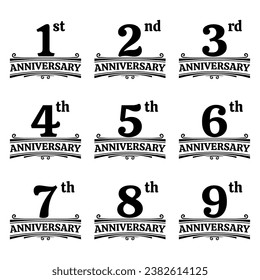 Anniversary logo, icon or badge set. 1, 2, 3, 4, 5, 6, 7, 8, 9 years. Birthday celebration, jubilee, wedding, invitation card design element. Vector illustration. 