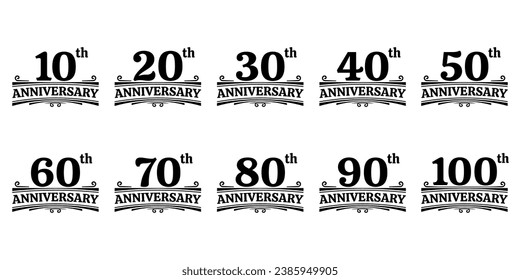 Anniversary logo, icon or badge set. 10, 20, 30, 40, 50, 60, 70, 80, 90 years. Birthday celebration, jubilee, wedding, invitation card design element. Vector illustration. 