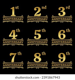 Anniversary logo, icon or badge set. 1, 2, 3, 4, 5, 6, 7, 8, 9 years. Birthday celebration, jubilee, wedding, invitation card design element. Vector illustration. 