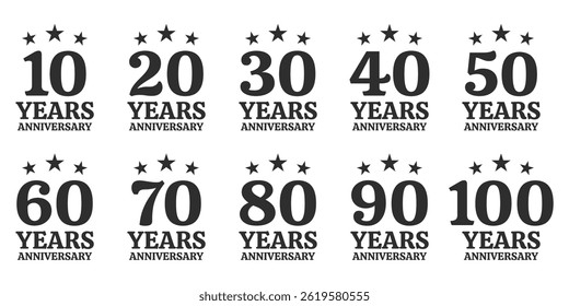Logotipo de aniversário, ícone ou conjunto de crachás. 10, 20, 30, 40, 50, 60, 70, 80, 90 anos Celebração de aniversário, jubileu, casamento, elemento de design de cartão de convite. Ilustração vetorial. 