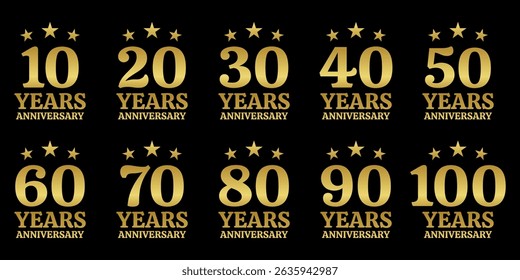Logotipo de aniversário, ícone ou conjunto de crachás. 10, 20, 30, 40, 50, 60, 70, 80, 90 anos Celebração de aniversário, jubileu, casamento, elemento de design de cartão de convite. Ilustração vetorial. 
