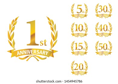 Anniversary logo with laurel motif, icon set. 1st, 5th, 10th, 15th, 20th, 30th, 40th, 50th,gold logo