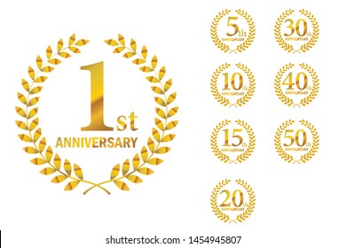 Anniversary logo with laurel motif, icon set. 1st, 5th, 10th, 15th, 20th, 30th, 40th, 50th,gold logo