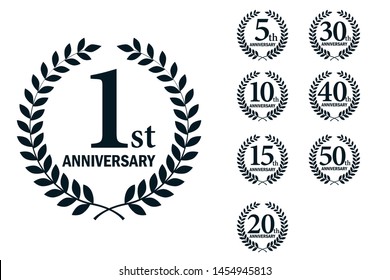 Anniversary logo with laurel motif, icon set. 1st, 5th, 10th, 15th, 20th, 30th, 40th, 50th,black