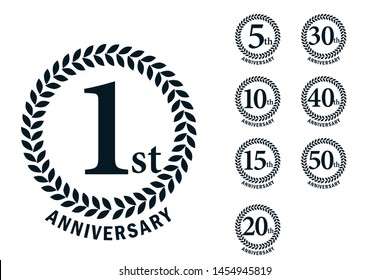 Anniversary Logo With Laurel Motif, Icon Set. 1st, 5th, 10th, 15th, 20th, 30th, 40th, 50th,black