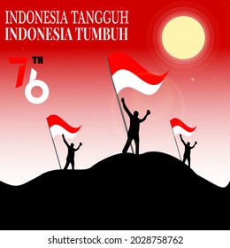 anniversary logo republic of indonesia independence, 76 years independence  republic of indonesia,with three men standing on hill and the flags planted with moon in the backround, red and white sky.
