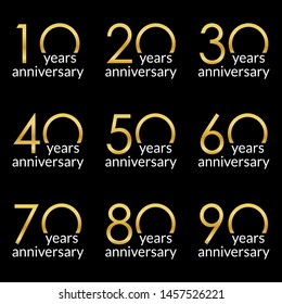 Anniversary logo set. 10,20,30,40,50,60,70,80,90 years celebrating icons with gold numbers. Birthday design template. Vector illustration. 
