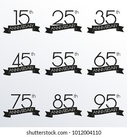 Anniversary logo set. 15,25,35,45,55,65,75,85,95 anniversary celebration label with ribbon. Design elements for birthday, invitation, wedding jubilee. Vector illustration.