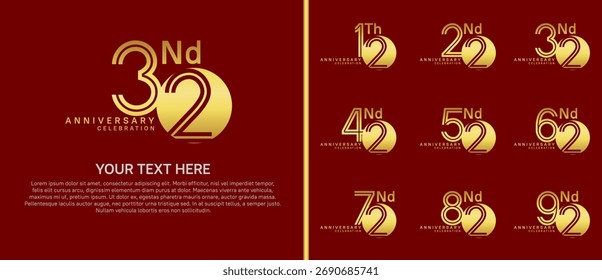 Logotipo del aniversario fijado con el círculo. color oro sobre fondo rojo para el momento de la celebración