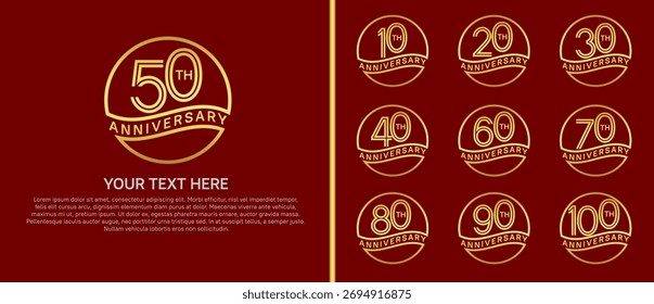 Logotipo del aniversario fijado con el círculo. color oro sobre fondo rojo para el momento de la celebración