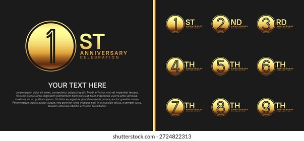 Logotipo del aniversario fijado con el círculo. color oro sobre fondo negro para el momento de la celebración
