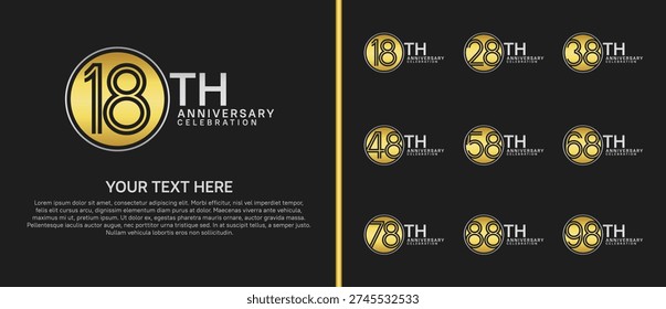 anniversary logo set with circle. gold and silver color on black background for celebration moment