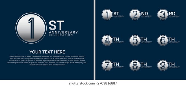 anniversary logo set with circle. silver color on blue background for celebration moment