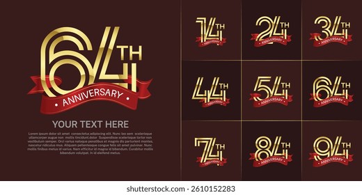 Anniversary logo set with double line number style. gold color with red ribbon can be use for special moment