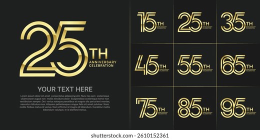 Anniversary logo set with double line number style. golden color can be use for special moment