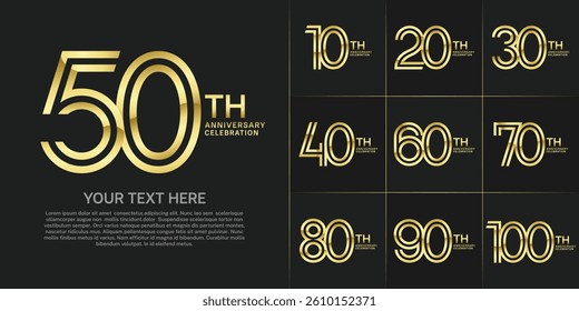 Anniversary logo set with double line number style. golden color can be use for special moment