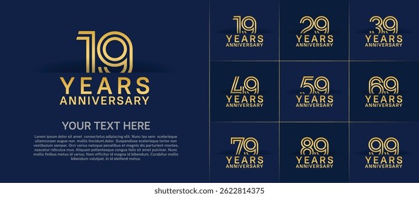 Anniversary logo set with double line number style. golden color can be use for special moment
