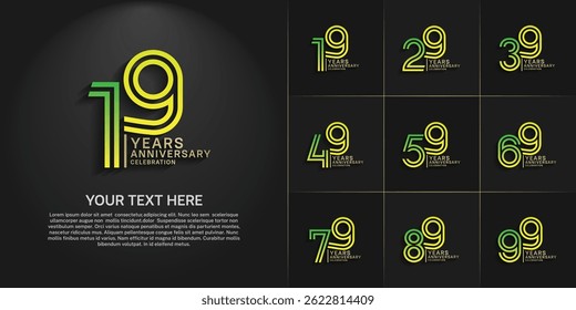 Anniversary logo set with double line number style. green and gold color can be use for special moment